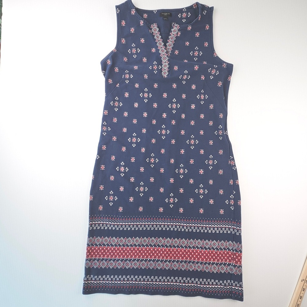 Talbots Petites Navy Blue Geometric Folk Print Sleeveless Cotton Dress MP